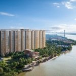 Modern high-rise building by water