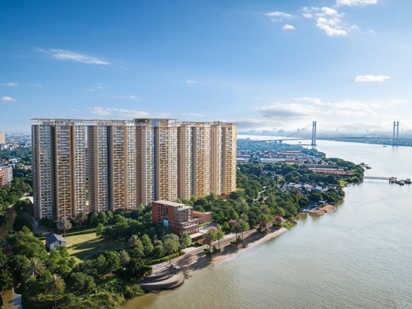 Modern high-rise building by water