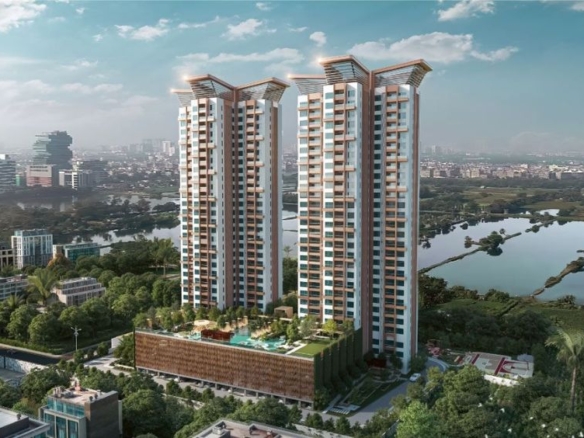 Architectural rendering of two high-rise residential towers with a podium pool and garden, overlooking a lake